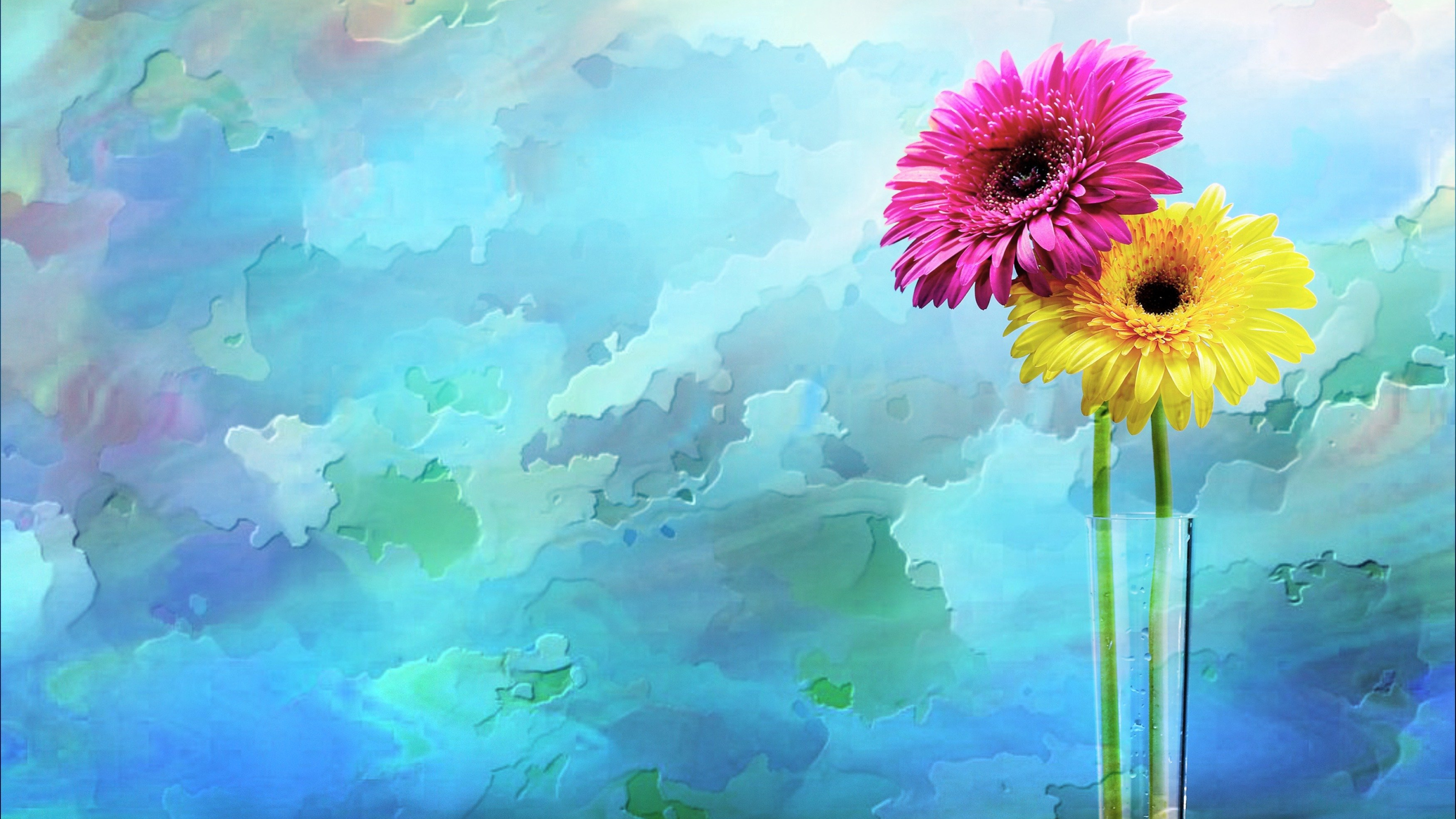 Watercolor Gerbera Blooms Frame TV sign — pink and yellow gerbera daisies in a glass vase against a dreamy teal watercolor background